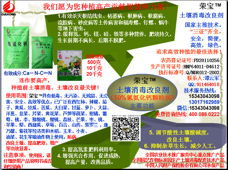 榮寶（氰氨化鈣）顆粒殺菌劑，土壤消毒、緩釋氮鈣營(yíng)養(yǎng)、肥料增效、土壤改良四效合一，殺滅根結(jié)線(xiàn)蟲(chóng)，防治根腫病、根腐病、枯萎病、流膠病、蓮藕腐敗病等土傳病害，殺滅福壽螺、釘螺等地下害蟲(chóng)，解決連作障礙